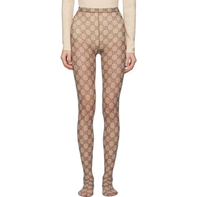 Shop Gucci Beige & Brown Gg Tights In 9764 Brown