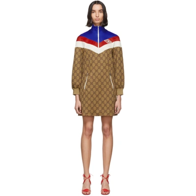 Shop Gucci Beige Gg Logo Dress In 2035 Brown