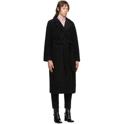 Shop Ganni Black Wool Bouclé Wrap Coat In 099 Black