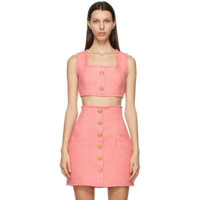 Shop Balmain Pink Tweed Cropped Tank Top In 4kh Rose