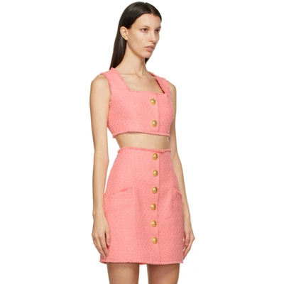 Shop Balmain Pink Tweed Cropped Tank Top In 4kh Rose