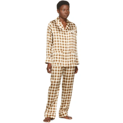 Shop Ganni Brown Silk Check Lounge Pants In 896 Toffee