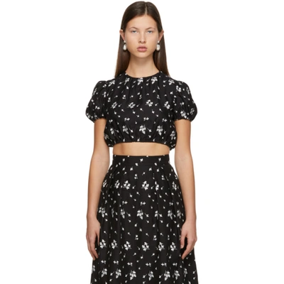 Shop Erdem Black Embroidered Romi Cropped T-shirt In Black/white