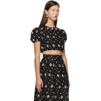 Shop Erdem Black Embroidered Romi Cropped T-shirt In Black/white