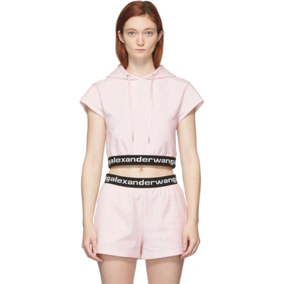 Shop Alexander Wang T Pink Stretch Logo Cap Sleeve Hoodie In Baby Pink