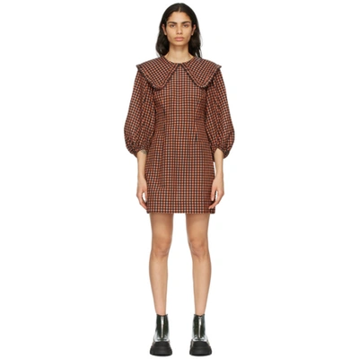 Shop Ganni Black & Orange Seersucker Check Collar Mini Dress In 307 Flame