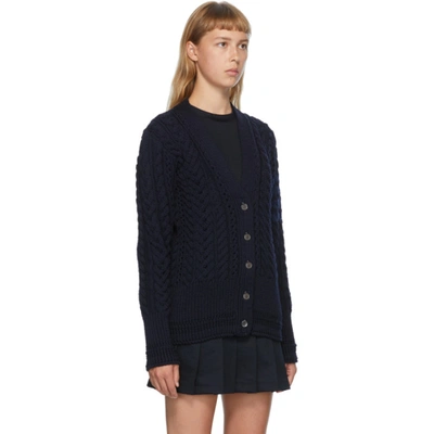 Shop Thom Browne Navy Wool Aran Knit 4-bar Cardigan In 415 Navy