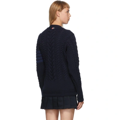 Shop Thom Browne Navy Wool Aran Knit 4-bar Cardigan In 415 Navy