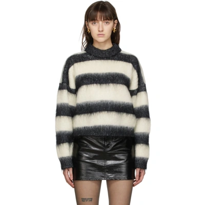 Shop Saint Laurent Black & White Mohair Striped Sweater In 1010 Blk/wh