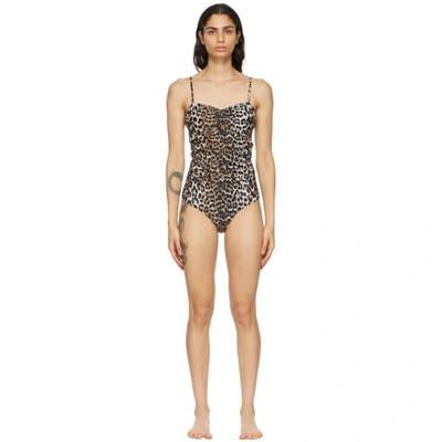 Shop Ganni Black & Brown Recycled One-piece Swimsuit In 943 Leopard