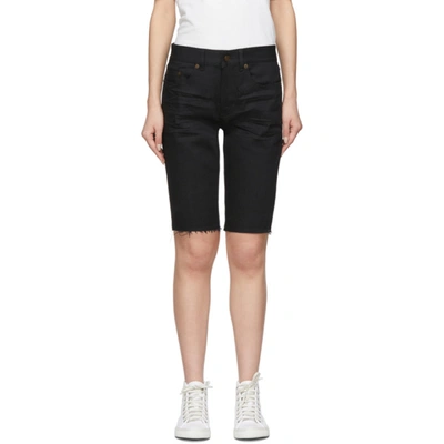 Shop Saint Laurent Black Denim Frayed Bermuda Shorts In 1080 Black