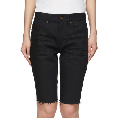 Shop Saint Laurent Black Denim Frayed Bermuda Shorts In 1080 Black