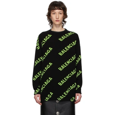 Shop Balenciaga Black And Green All Over Logo Sweater In 9113 Blk/gn