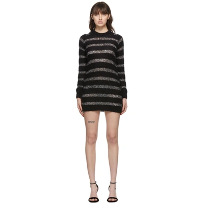 Shop Saint Laurent Black & Silver Mohair Sequin Striped Dress In 1081 Blk/si