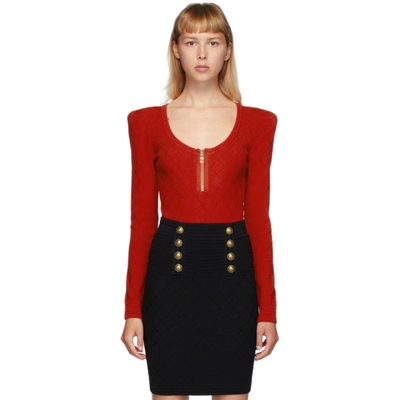 Shop Balmain Red Diamond Knit Long Sleeve Bodysuit In 3ka Red