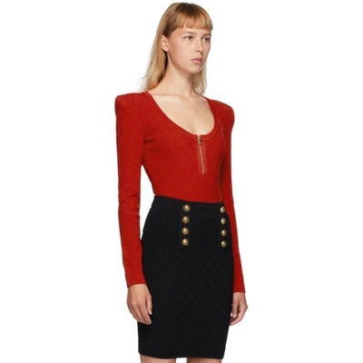 Shop Balmain Red Diamond Knit Long Sleeve Bodysuit In 3ka Red