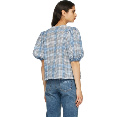 Shop Ganni Blue Seersucker Check Blouse In 694 Heather