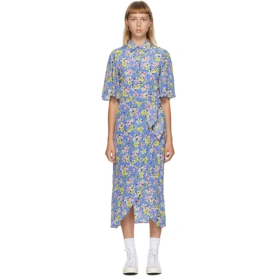 Shop Les Rêveries Les Reveries Blue Silk Floral Wrap Shirt Dress In Plumeria