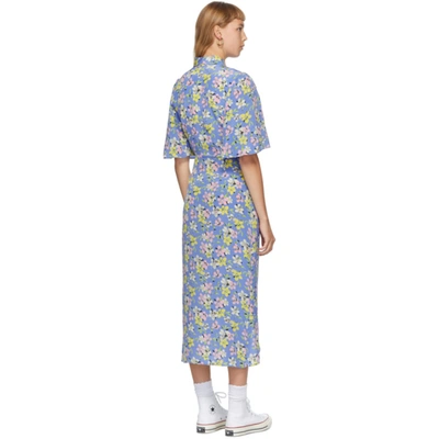 Shop Les Rêveries Les Reveries Blue Silk Floral Wrap Shirt Dress In Plumeria