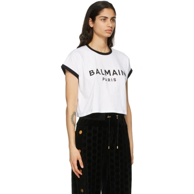 Shop Balmain White & Black Cropped Flocked Logo T-shirt In Gab Wh/blk