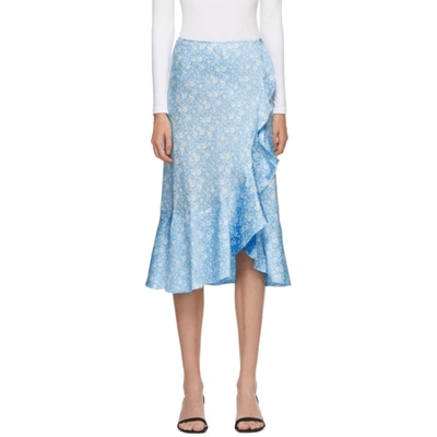 Shop Ganni Blue Silk Floral Frill Skirt In 693 Alaskan
