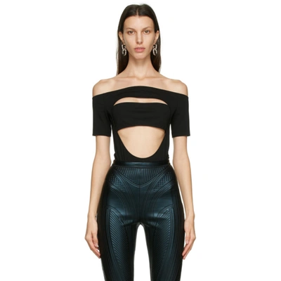 Shop Mugler Black Off Shoulder Segmented Bodysuit