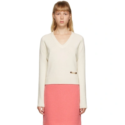 Shop Gucci Off-white Cashmere Horsebit V-neck Sweater In 9791 Ivory/