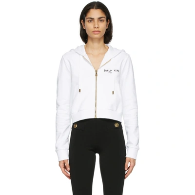 Shop Balmain White Cropped Logo Hoodie In Gab Wh/blk