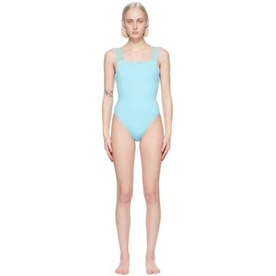 Shop Versace Blue Greca Border One-piece Swimsuit In 1v020 Blue