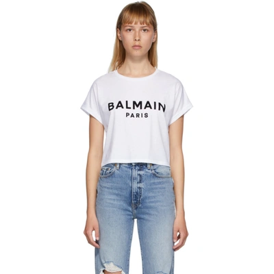Shop Balmain White Logo Cropped T-shirt