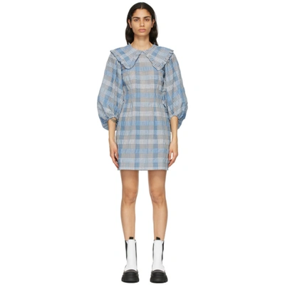 Shop Ganni Blue Seersucker Check Mini Dress In 694 Heather