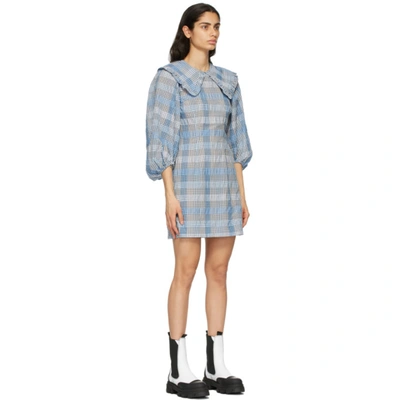 Shop Ganni Blue Seersucker Check Mini Dress In 694 Heather