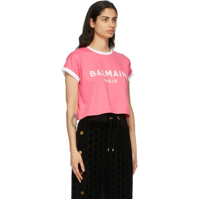 Shop Balmain Pink & White Cropped Flocked Logo T-shirt In Oaj Rose/wh