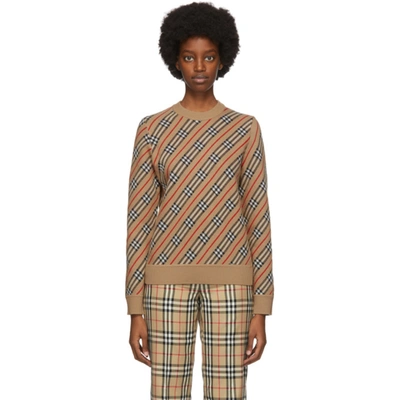 Shop Burberry Beige Check Clara Sweater In Camel