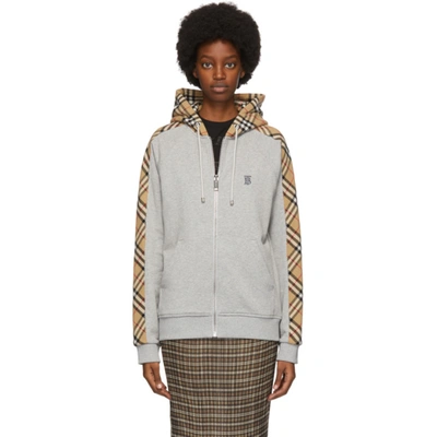 Shop Burberry Grey Check Panel Kurke Hoodie In Grey Melang