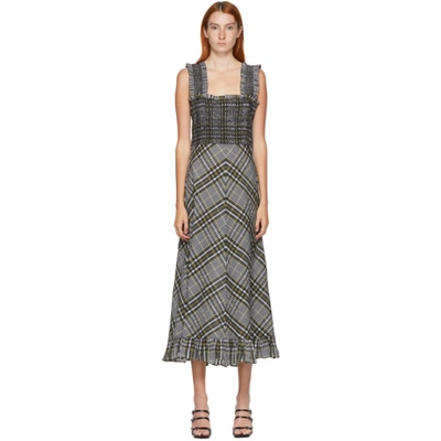 Shop Ganni Green Seersucker Check Mid Length Dress In 861 Kalamat