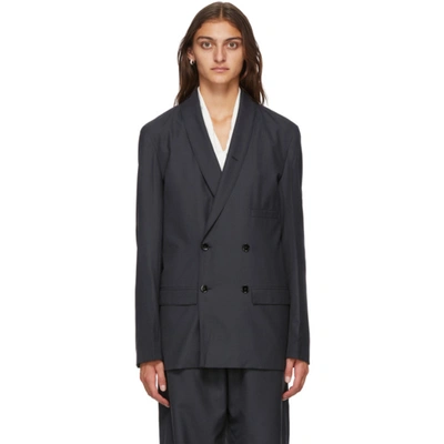 Shop Lemaire Navy Wool Double-breasted Belted Blazer In 966 Anthrac