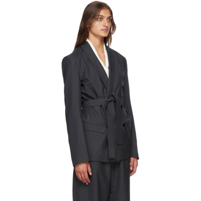 Shop Lemaire Navy Wool Double-breasted Belted Blazer In 966 Anthrac