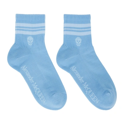 Shop Alexander Mcqueen Blue & White Stripe Skull Sport Short Socks In 4869 Bluett