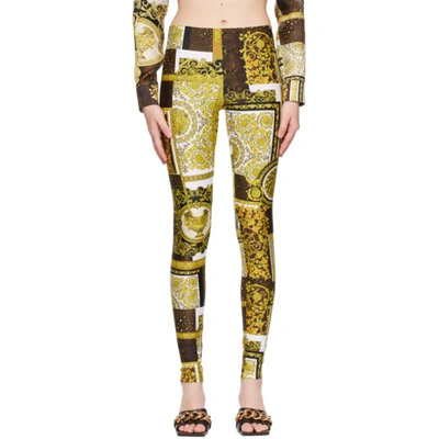 Shop Versace White Barocco Patchwork Print Leggings In 5n030 Gold