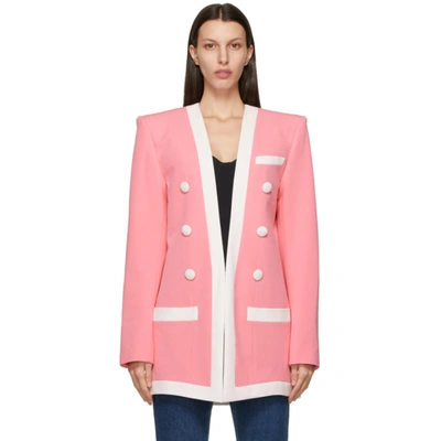 Shop Balmain Pink & White Collarless Blazer In Oaj Rose/wh