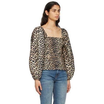 Shop Ganni Brown Poplin Leopard Blouse In 943 Leopard