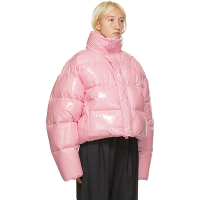 Shop Balenciaga Pink Shiny Cropped Puffer Jacket