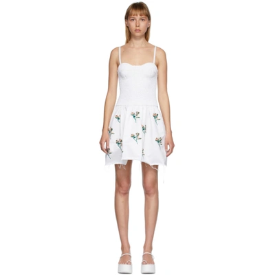 Shop Marina Moscone White Embroidered Smocked Bustier Tunic Dress