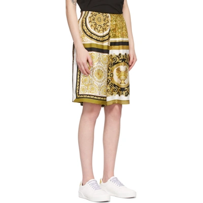 Shop Versace White & Yellow Silk Barocco Acanthus Shorts In 5n030 Gold