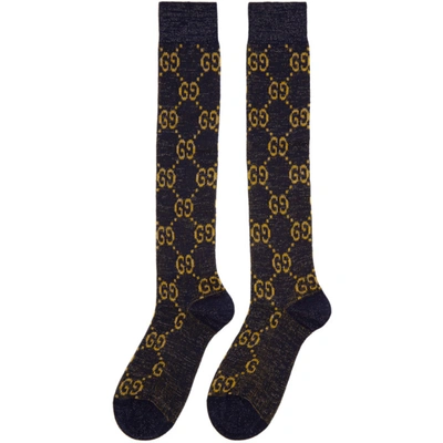 Shop Gucci Blue & Gold Lamé Gg Socks In 4275 Sapphi