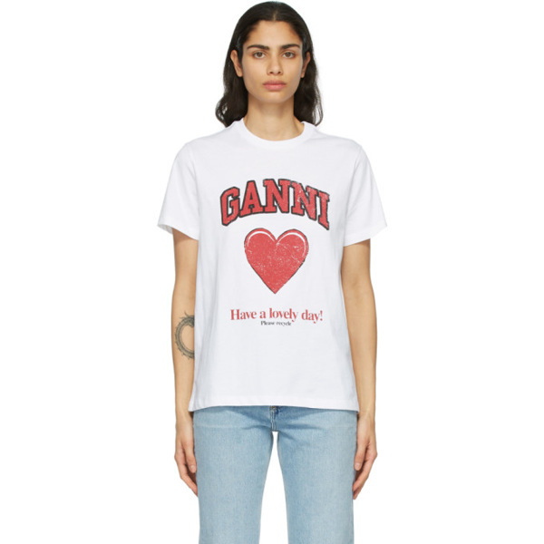 Ganni Heart Print Organic Jersey T-shirt In 151 White | ModeSens