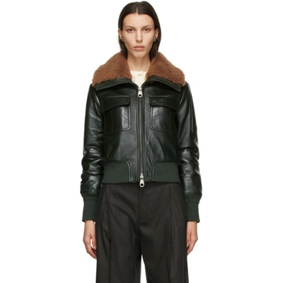 Shop Chloé Chloe Green Lambskin Shearling Collar Jacket In 32c Deepgrn