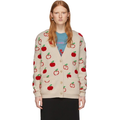 Shop Gucci Off-white Jacquard Gg Apple Cardigan In 9376 Ivory