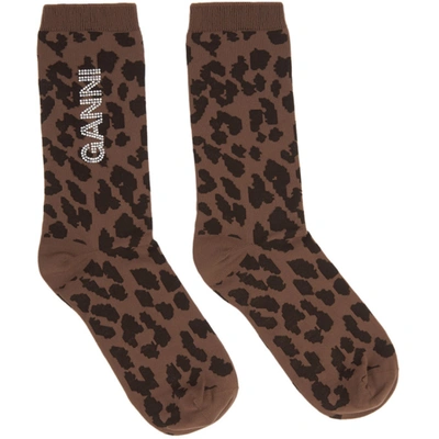 Shop Ganni Brown Rhinestone Logo Socks In 896 Toffee